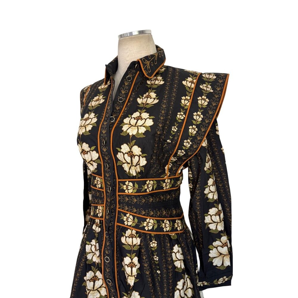 Farm Rio Topstitching Long Sleeve Mini Dress in Black Embroidered Flower Small - Picture 7 of 14